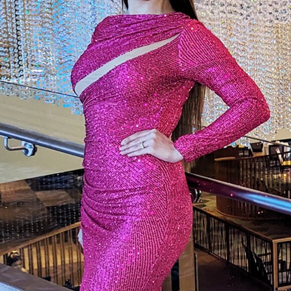 Barbie pink sequin dress, knee-length, long-sleeve, size small - Picture 3 of 4